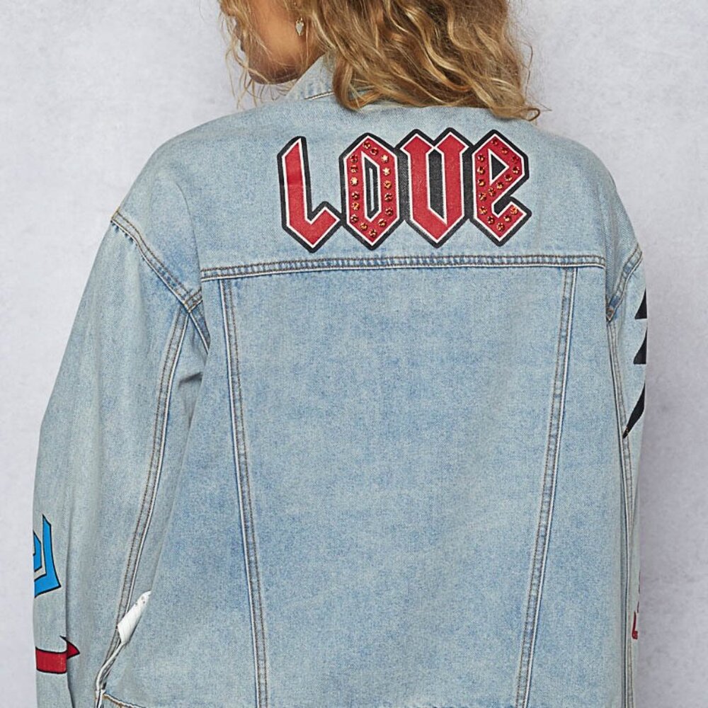 New Pol Patchwork Blue Denim Jacket Patchwork Love Hearts Relaxed Fit Cotton - Picture 12 of 13